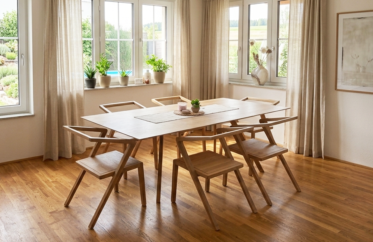 Warmer Wohnraum mit Massivholzmöbeln